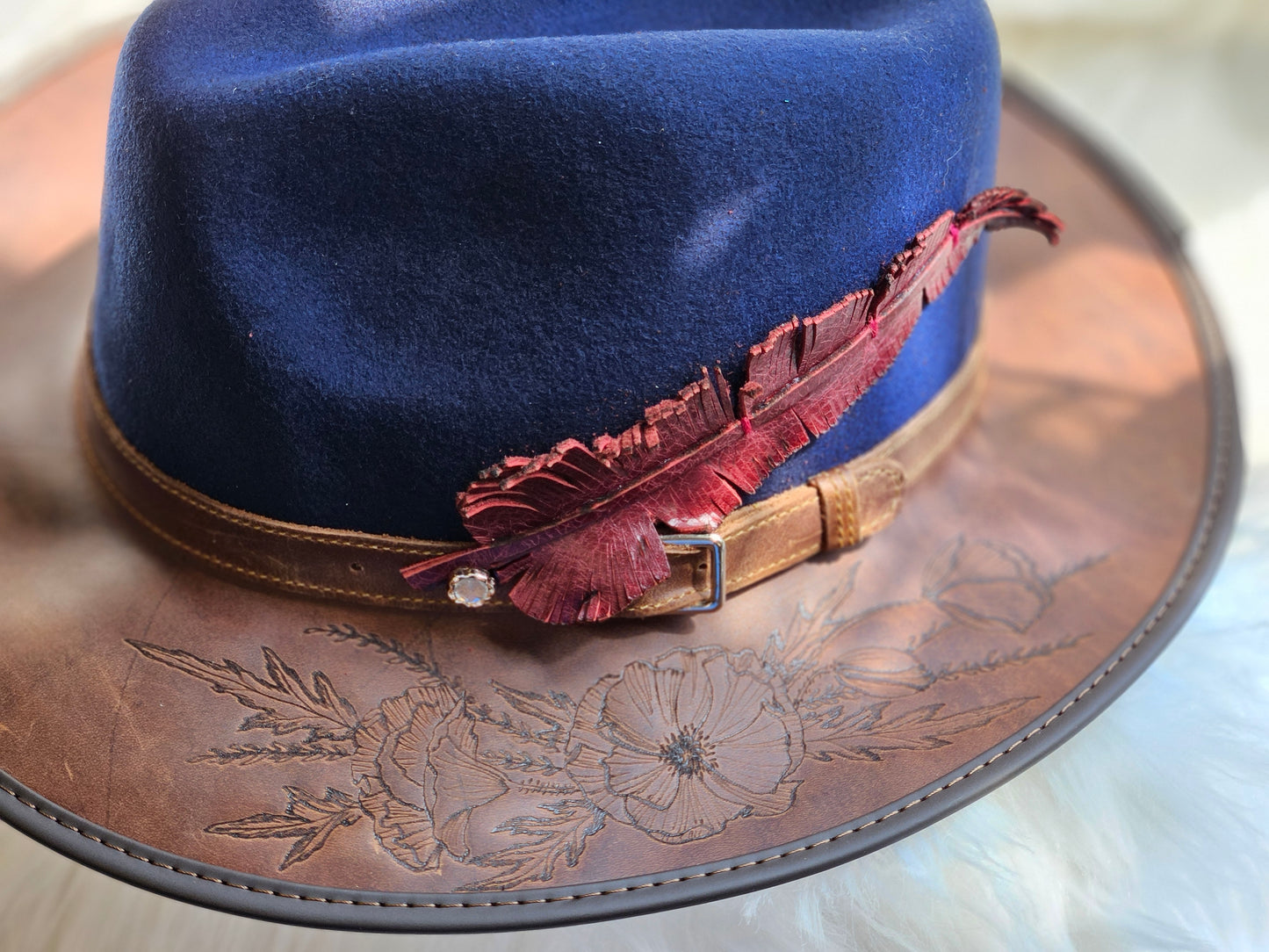 Leather Feather Fedora-Navy