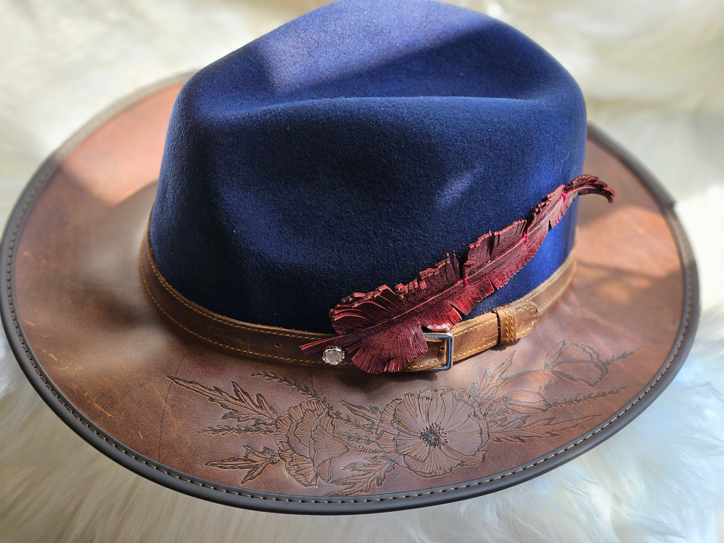 Leather Feather Fedora-Navy