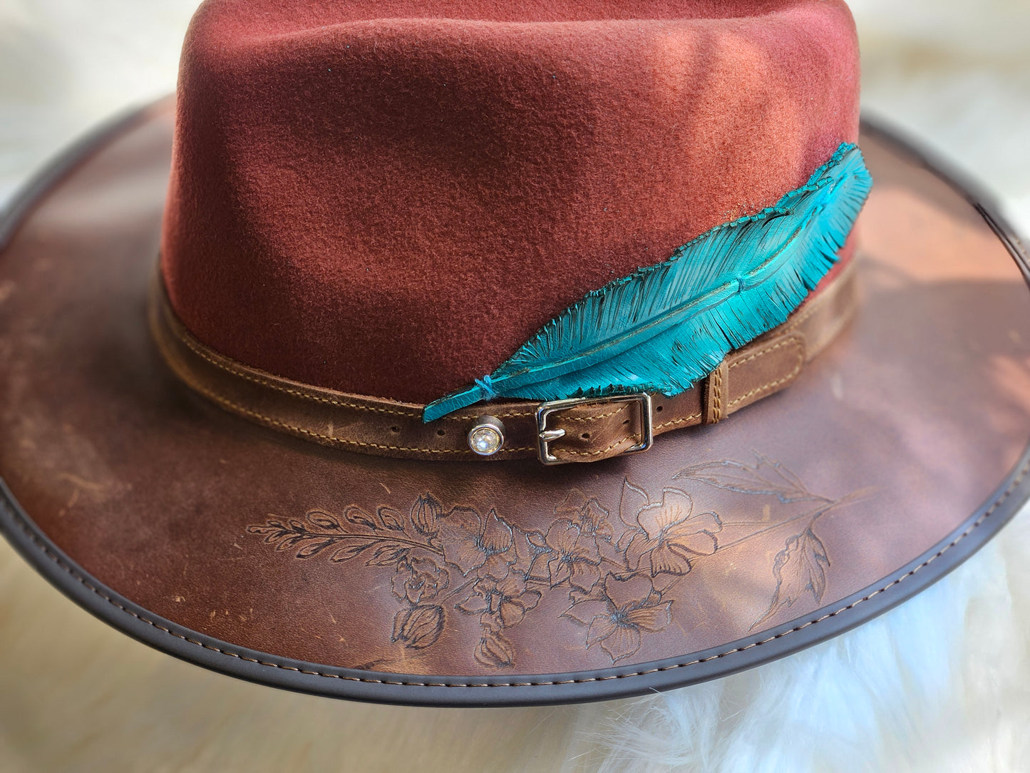 Leather Feather Fedora-Burnt Red